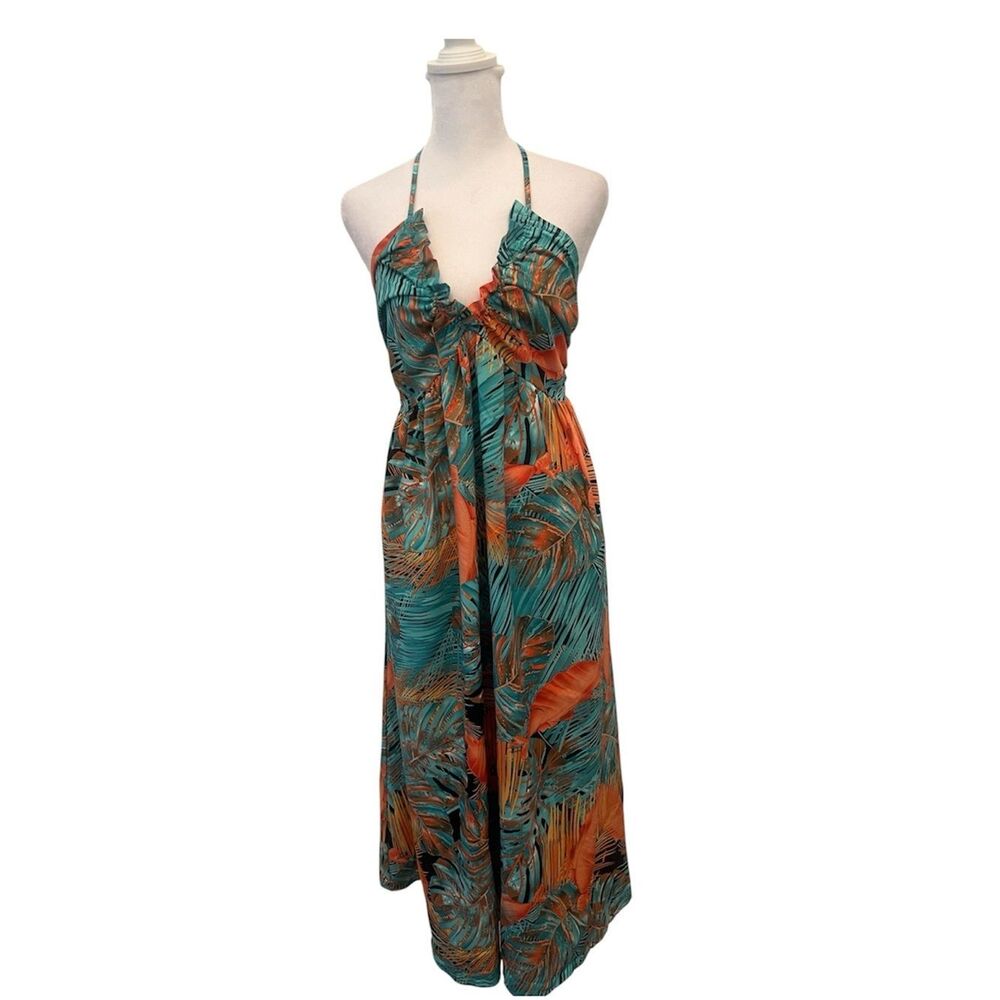 Cupshe Teal & Orange Halter Backless Tropical Maxi Dress